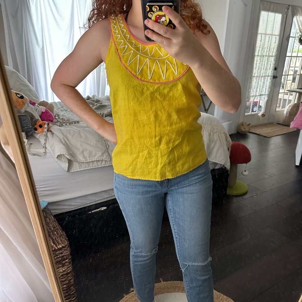 Boden Women’s 4 Yellow Embroidered Sunray 100% Linen Tank Top